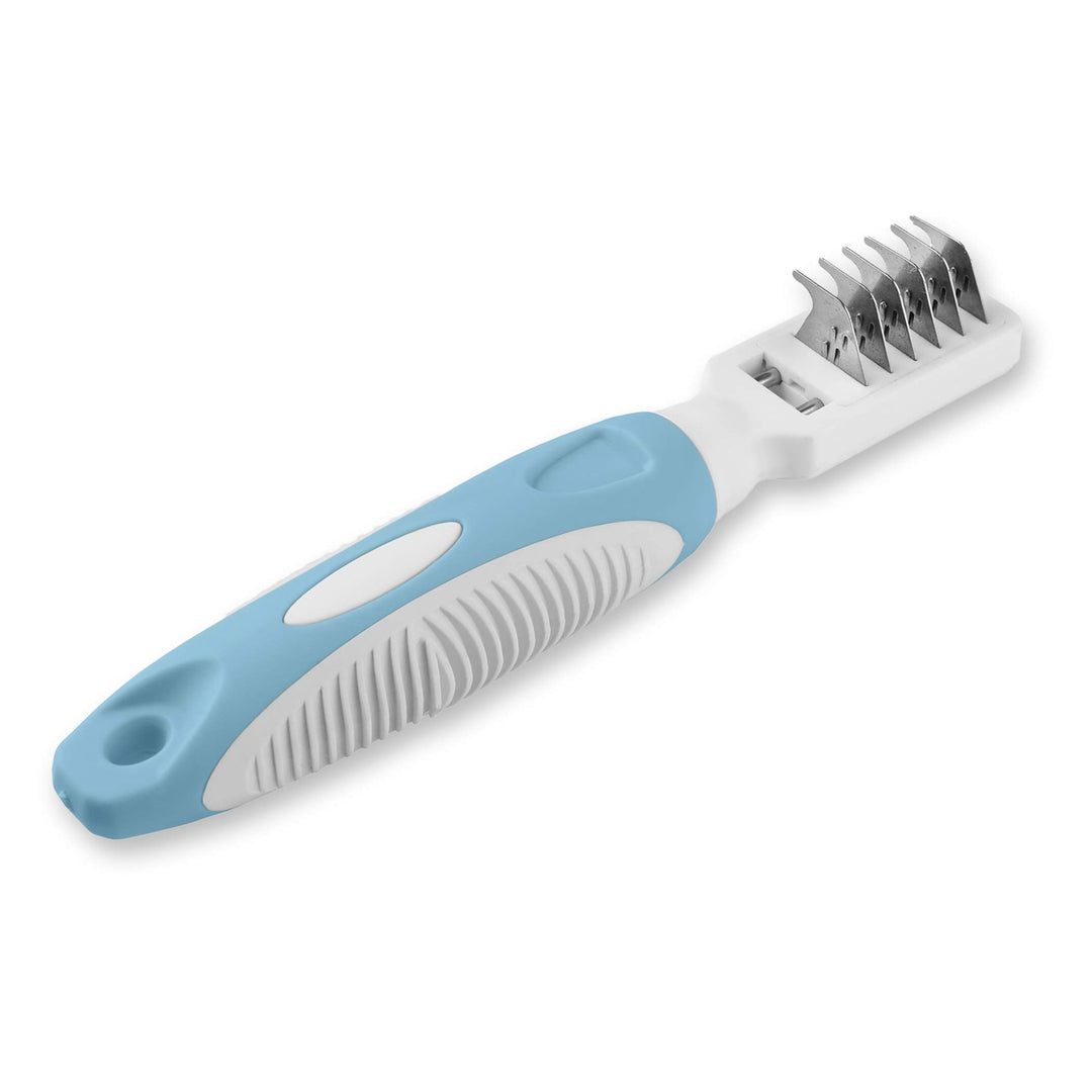 Professional Pet Mat Remover - Dematting Tool for Grooming Cats & Dogs - Removes Matted Fur, Tangles, Knots, Loose Hair & Dirt - Stainless Steel, Gentle Teeth, Soft Comfort Grip Handle,Blue
