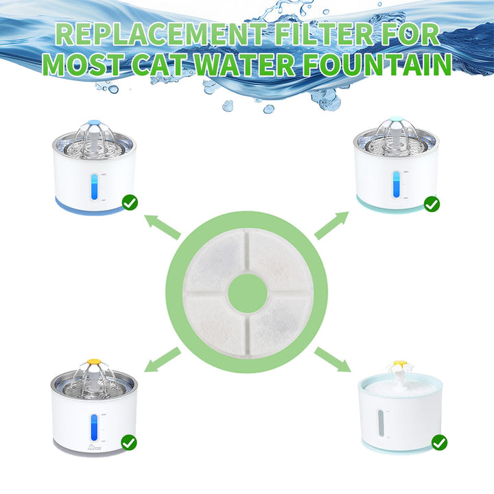 Cat Water Fountain Filter Replacement, 6/8/12/16/8+4 Pack, Round Carbon Filters for 81oz/2.4L Stainless Steel Top Automatic Pet Fountain (6 Pack)