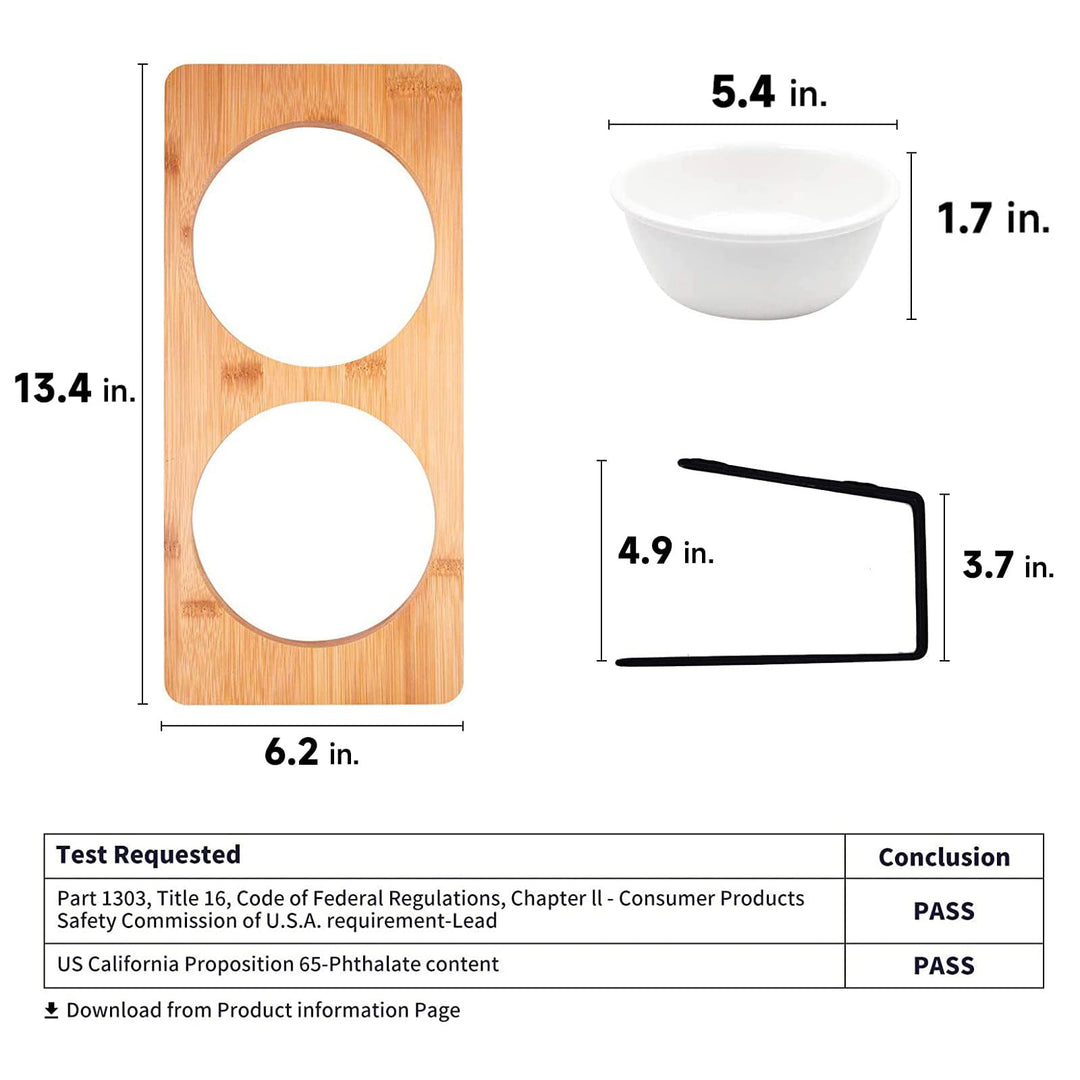 Elevated Cat Ceramic Bowls, Small Dog 15° Tilted Raised Food Feeding Dishes, Solid Bamboo Water Stand Feeder Set for Cats and Puppy