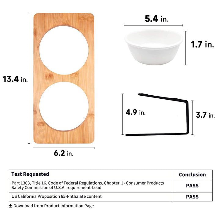 Elevated Cat Ceramic Bowls, Small Dog 15° Tilted Raised Food Feeding Dishes, Solid Bamboo Water Stand Feeder Set for Cats and Puppy