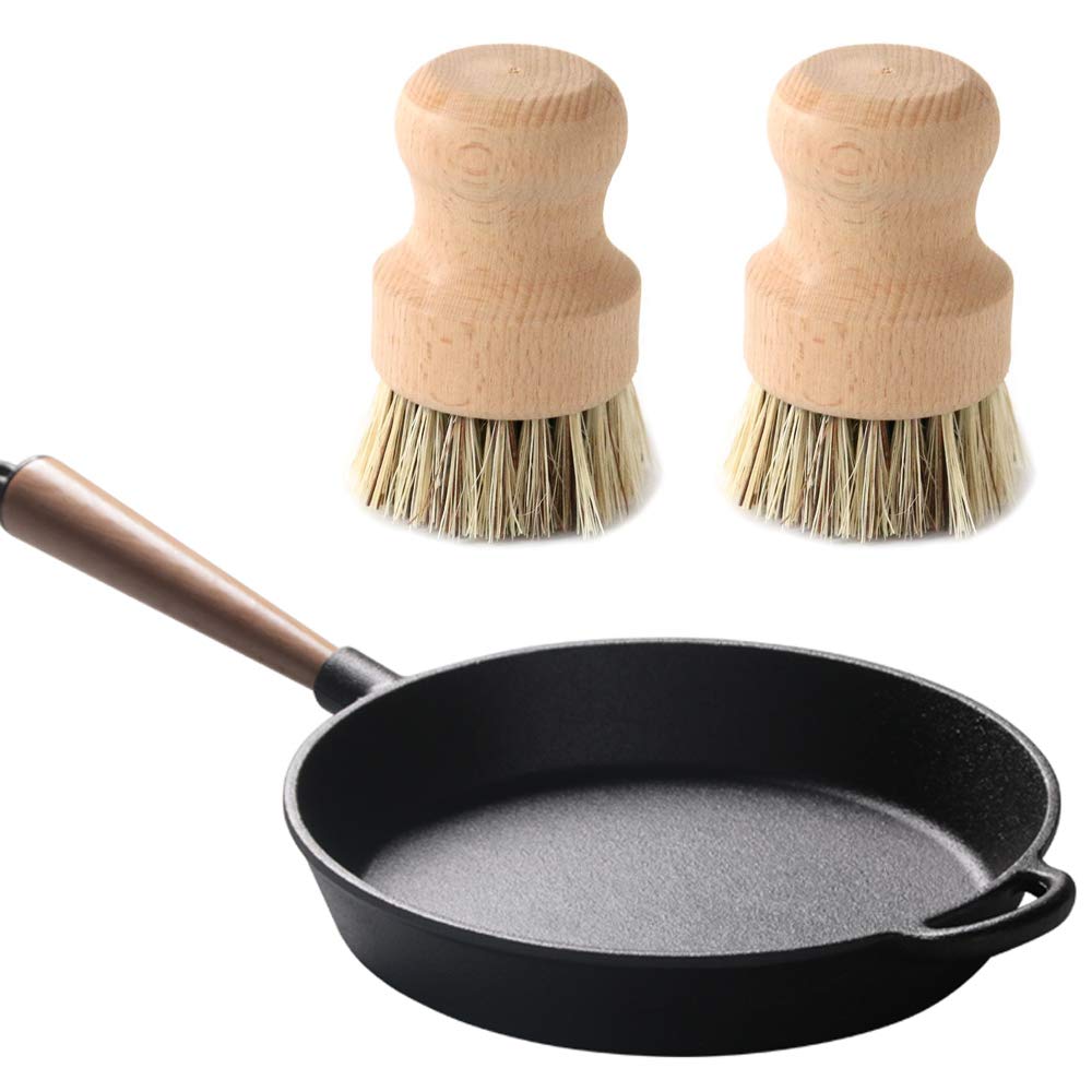 Set of 2 Packs Natural Fiber Pot Brush and 2 Packs of Plastic Grill Pot Scraper, Durable Untreated Beechwood Handle with Heat Resistant Union Fiber Head