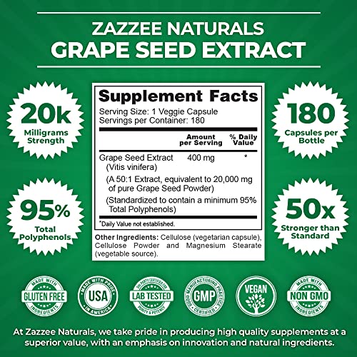 High Strength Grape Seed 50:1 Extract, 180 Vegan Capsules, 95% Polyphenols, 400 mg per Capsule, 6 Month Supply, Standardized and Concentrated 50X Extract, Non-GMO, Made in The USA