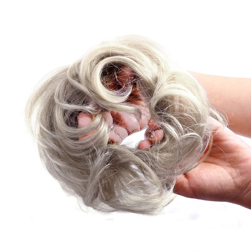100% Real Human Hair Piece, Messy Hair Bun Scrunchie for Women Wavy Curly Up-Do Hairpiece (#Silver Gray)