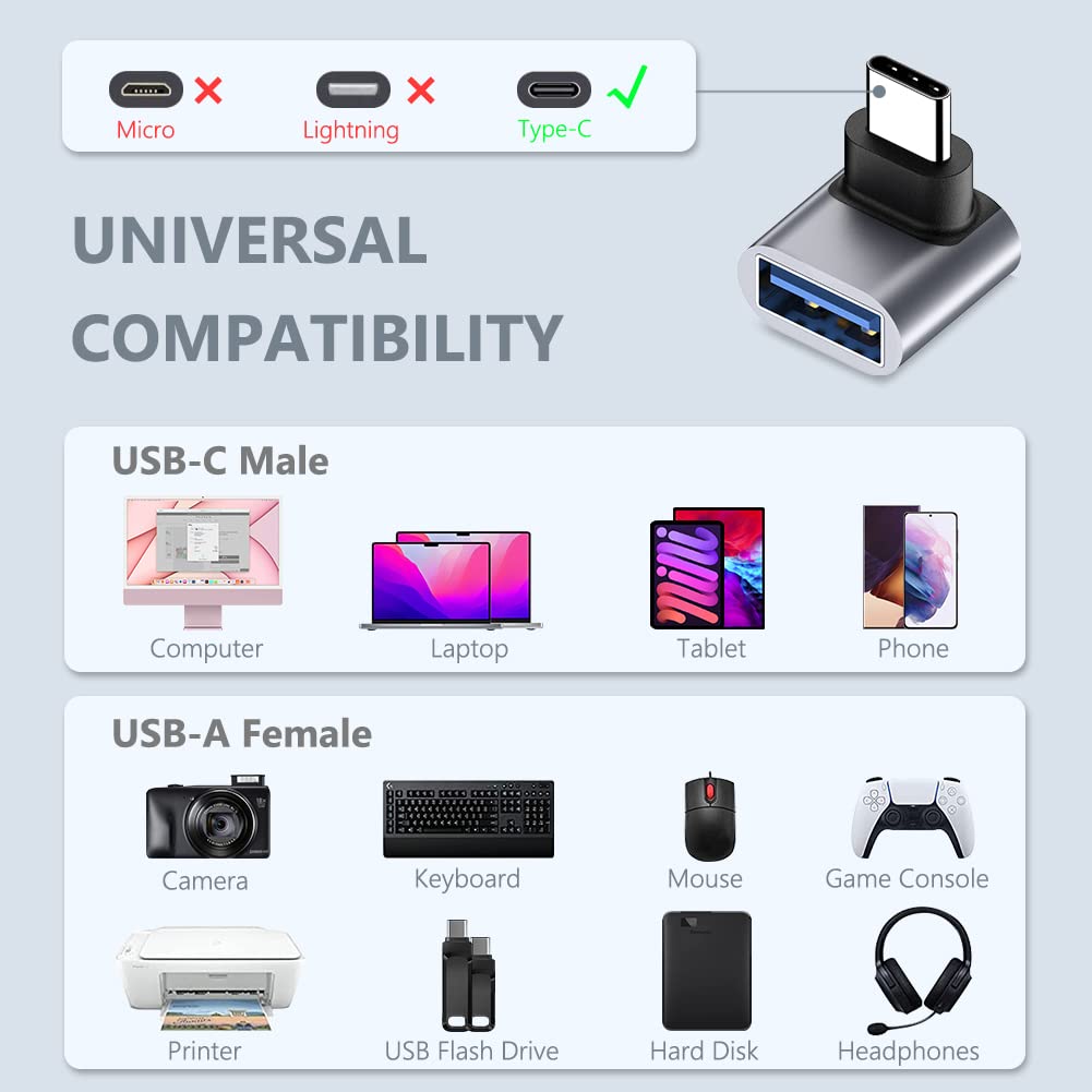 90 Degree USB to USB C Adapter 2 Pack, Up & Down Angled USB-C to USB Adapter,Thunderbolt 4/3 to USB Female Adapter Converter for MacBook Pro 2021,MacBook Air 2020,iMac, Dell XPS,Galaxy Book etc