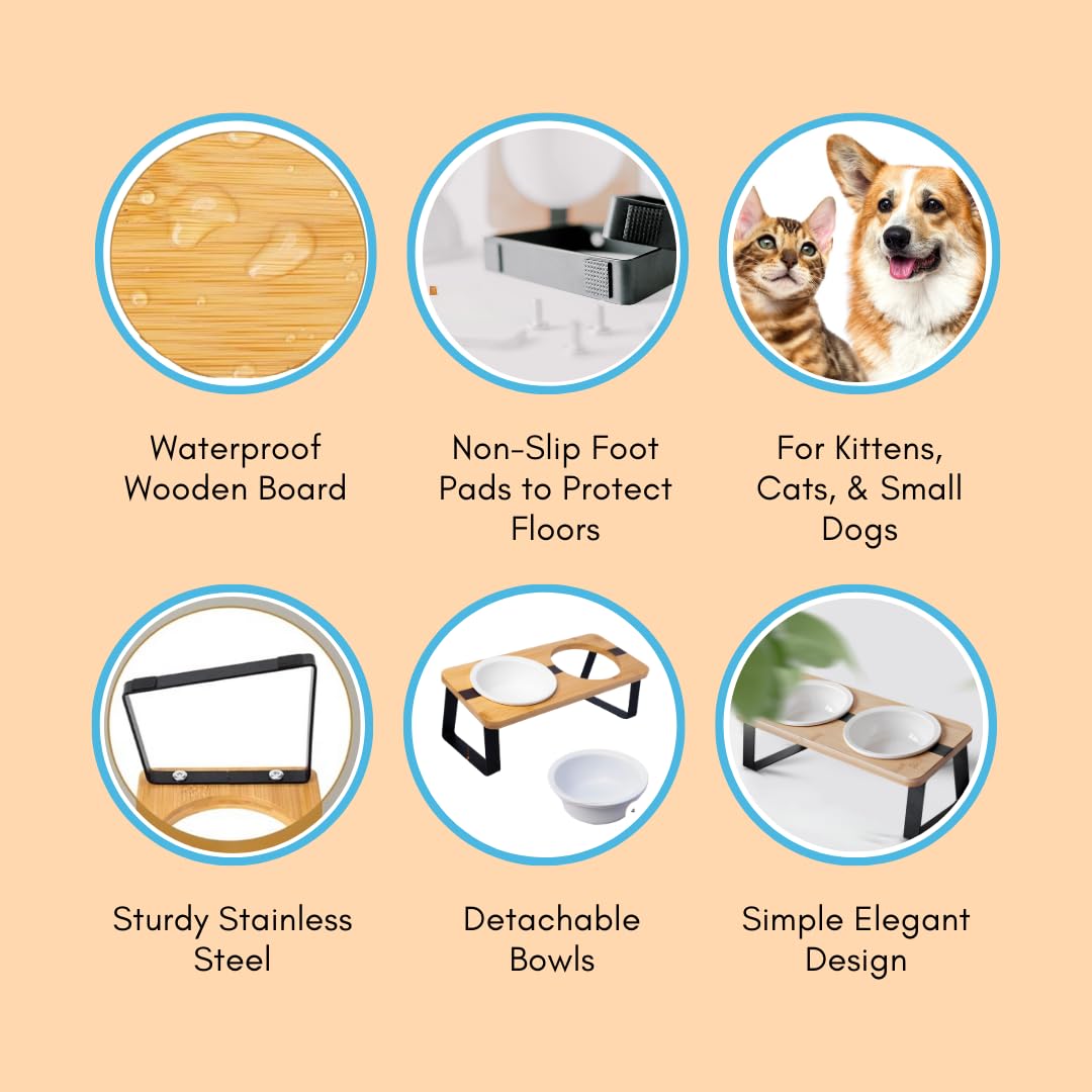 Elevated Cat Ceramic Bowls Stand for Food and Water, Small Dog, Anti Vomit, Indoor Cats, Tilted Feeding Position, Full Bamboo Body Stand with Food Grade, Whisker Friendly Dish for Cats and Puppy