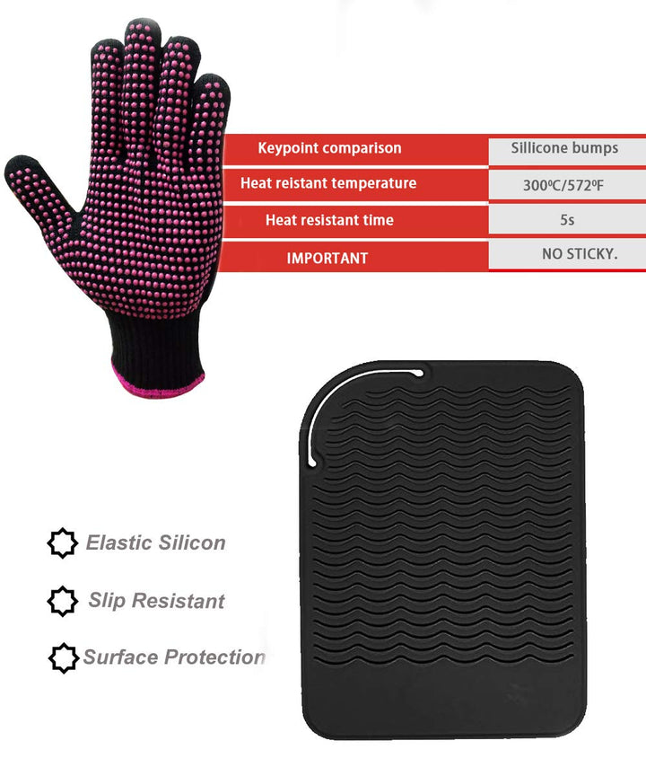 Curling Iron Mat, Heat Resistant Mat with Heat Resistant Glove for Hair Straightener, Flat Irons, 8.7â€Âx5.2†Silicone Bump Glove, 9†x 6.5†Food Grade Silicone Mat, Black
