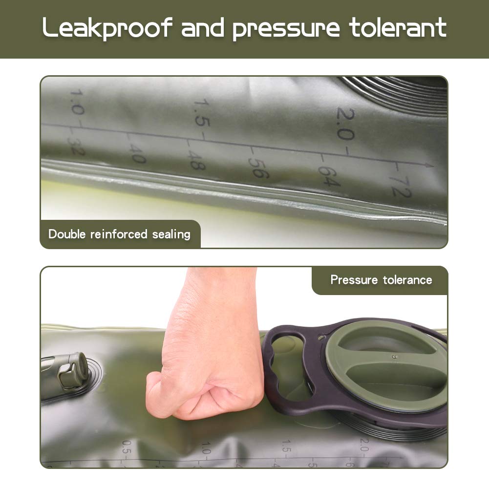 Hydration Bladder, 2L Water Bladder Military Green Leakproof Water Reservoir Storage Bag with Insulated Tube for Hydration Backpack, Outdoor Hiking Camping Running Cycling, Cleaning Kit