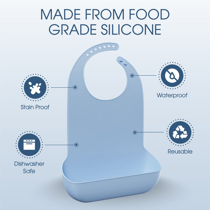 Adult Bibs for Elderly - Comfortable and Easy to Clean Silicone Bibs for Adults with Easy to Use Button Closure and Bottom Crumb/Liquid Catcher, Dishwasher Safe