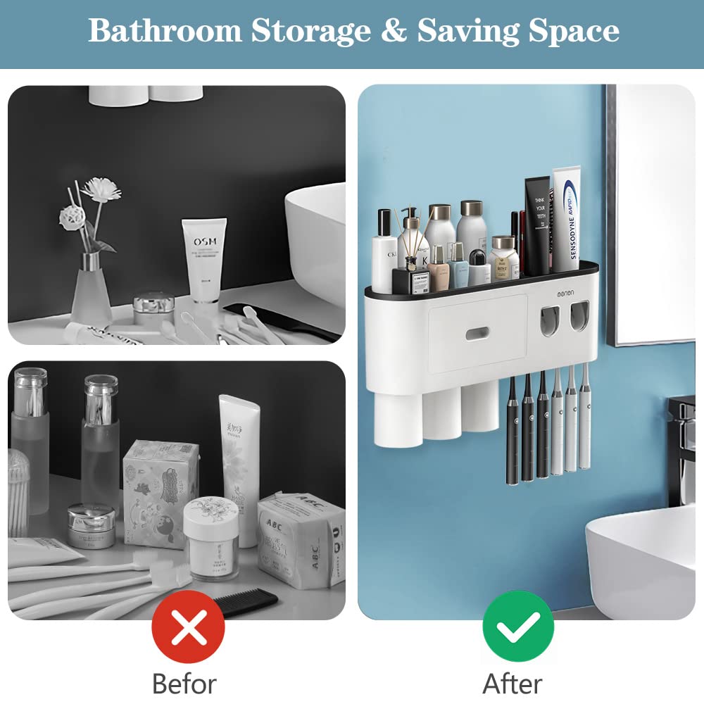 2 Automatic Toothpaste Dispensers, Toothbrush Holder with Squeezer Kit Wall-Mounted, Multifunctional Bathroom Organizer, 2 Magnetic Cups(2 Cups)