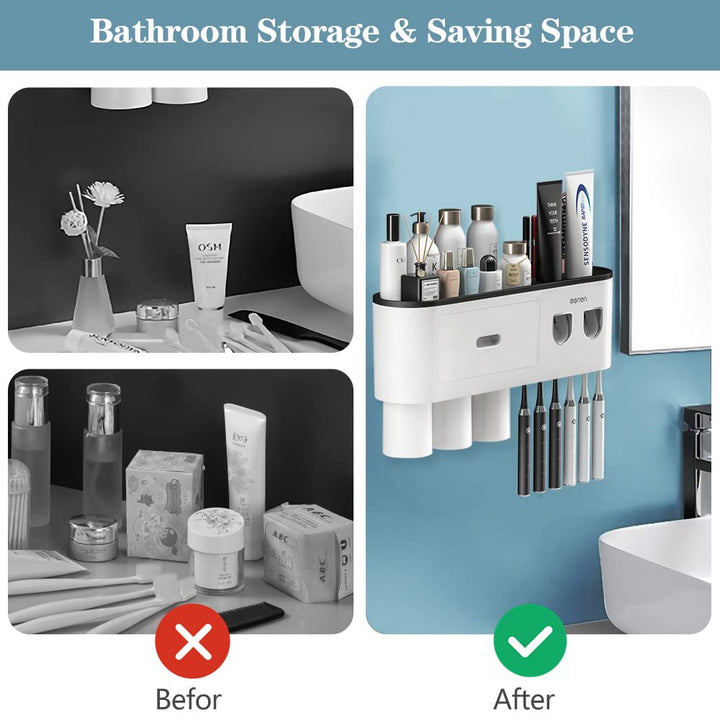 2 Automatic Toothpaste Dispensers, Toothbrush Holder with Squeezer Kit Wall-Mounted, Multifunctional Bathroom Organizer, 2 Magnetic Cups(2 Cups)