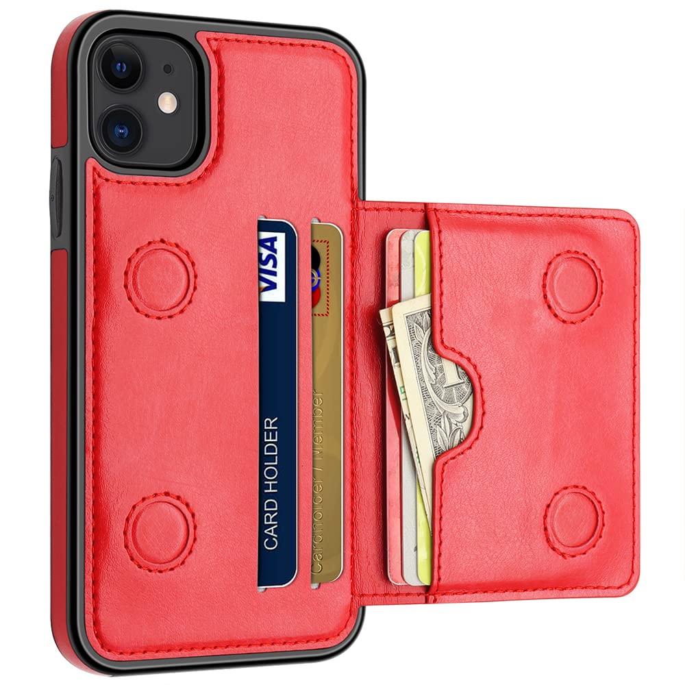 Case for iPhone 11 Case with Card Holders, Dual Layer Lightweight Slim Leather Wallet Case Flip Folio Magnetic Lock Protective Case for Apple iPhone 11 6.1 Inch (2019), Red