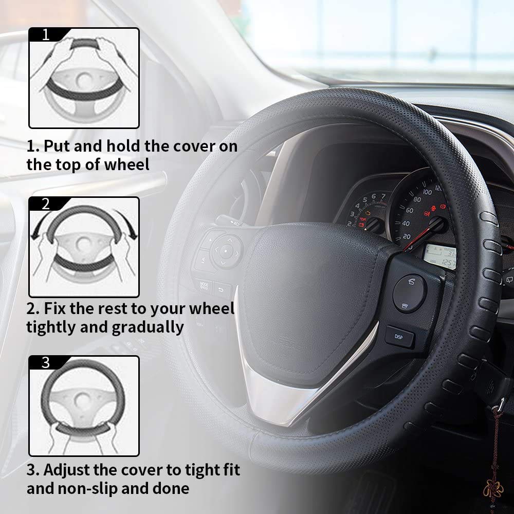 Fms Genuine Leather Car Steering Wheel Cover Universal 15.5 Inch Automotive Interior Accessories-Black, Durable, Breathable, Anti Slip, Odorless