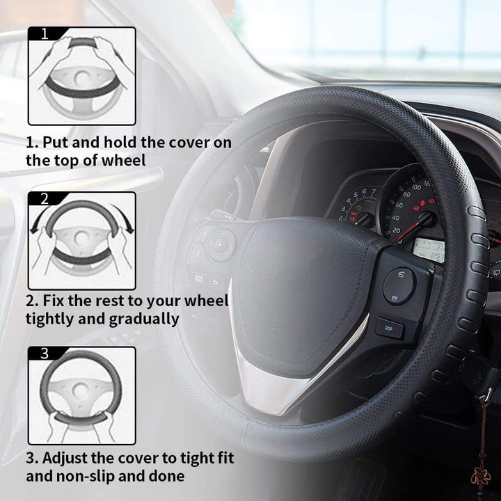 Fms Genuine Leather Car Steering Wheel Cover Universal 15.5 Inch Automotive Interior Accessories-Black, Durable, Breathable, Anti Slip, Odorless