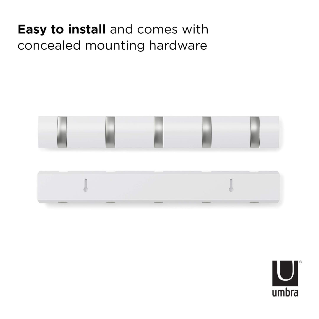 Flip Wall-Mounted Coat Rack Rail Hook for Hats, Jackets, Bags and More – Modern, Space-Saving Storage Organizer for Entryway, Mudroom, Closet, Bathroom, Bedroom, Kids Room, or Nursery, 5 Hooks, White/Nickel