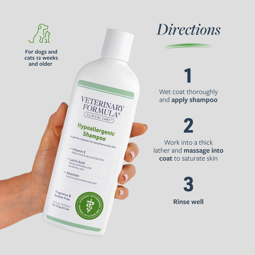 Clinical Care Hypoallergenic Shampoo for Dogs and Cats, 16 oz – No Harsh Ingredients – Fragrance-Free Pet Shampoo for Allergies and Sensitive Skin, Promotes Healthy Skin and Coat