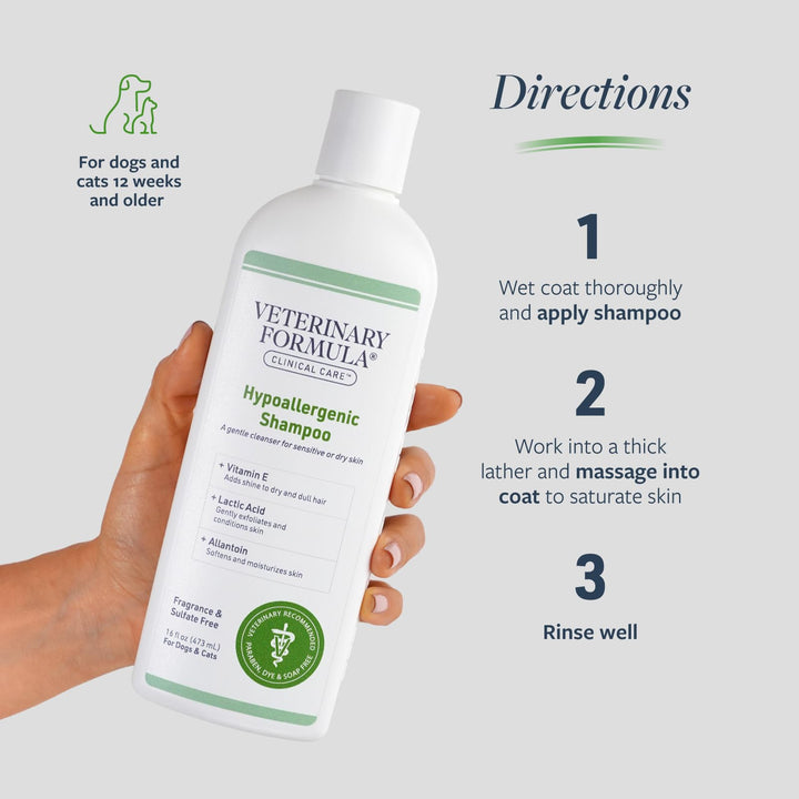 Clinical Care Hypoallergenic Shampoo for Dogs and Cats, 16 oz – No Harsh Ingredients – Fragrance-Free Pet Shampoo for Allergies and Sensitive Skin, Promotes Healthy Skin and Coat