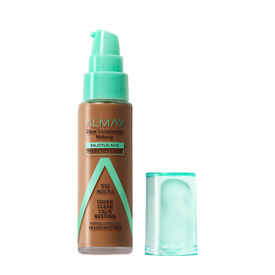 Clear Complexion Acne Foundation Makeup with Salicylic Acid - Lightweight, Medium Coverage, Hypoallergenic, Fragrance Free, for Sensitive Skin , 910 Mocha, 1 fl oz.