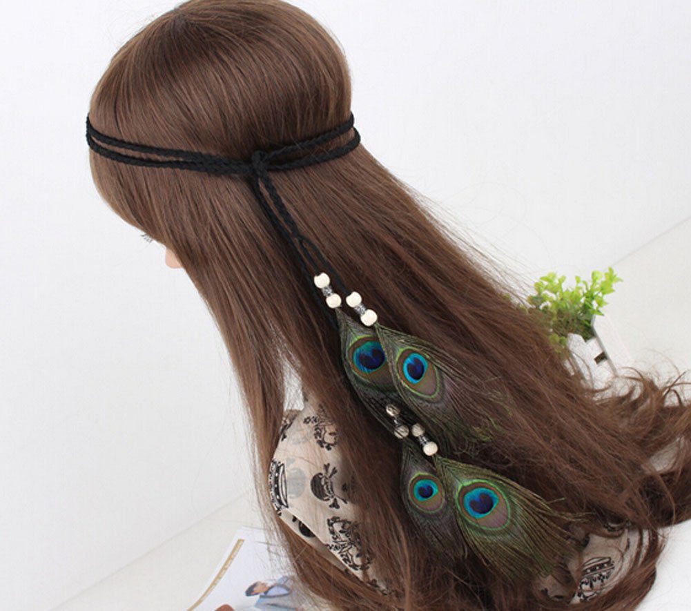 Indian Peacock Feather Headdress Headband Bohemian Tassel Hairband Head Chain Headwear Hair Styling Accessories for Women Girls Handmade