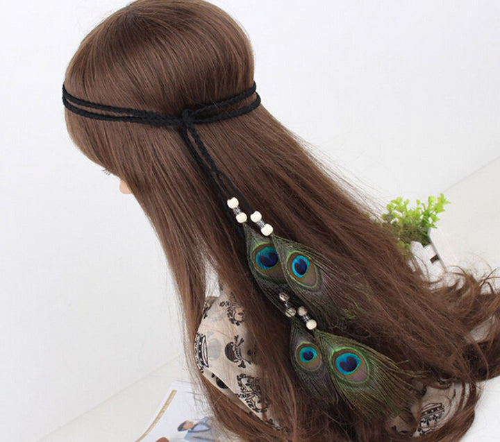 Indian Peacock Feather Headdress Headband Bohemian Tassel Hairband Head Chain Headwear Hair Styling Accessories for Women Girls Handmade