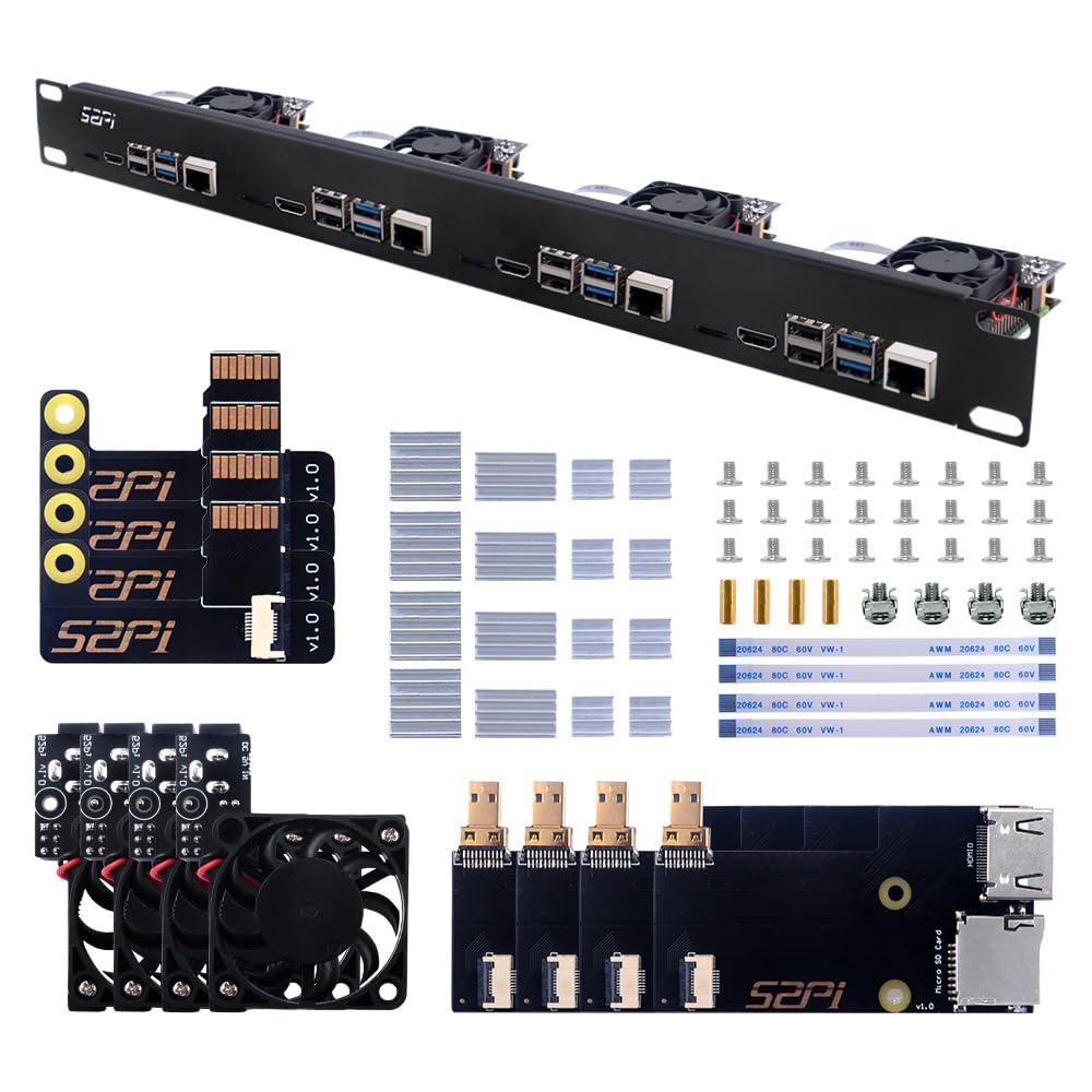 1U Rack Mount for Raspberry Pi 4, 19 1U Rackmount Supports 1-4 Units with 4pcs Fans, Aluminum Heatsinks, Micro HDMI Boards, TF Card to FPC Boards for Raspberry Pi 4B