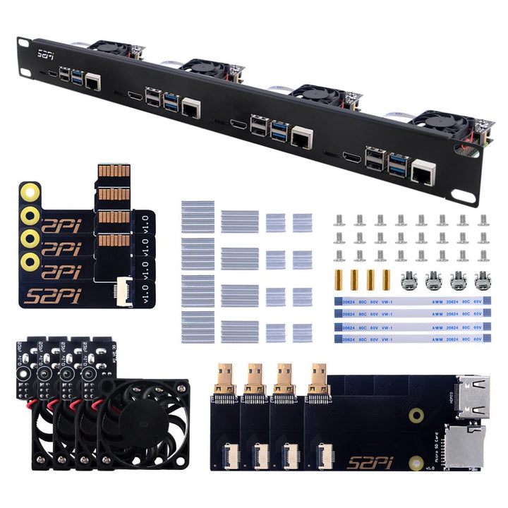 1U Rack Mount for Raspberry Pi 4, 19 1U Rackmount Supports 1-4 Units with 4pcs Fans, Aluminum Heatsinks, Micro HDMI Boards, TF Card to FPC Boards for Raspberry Pi 4B