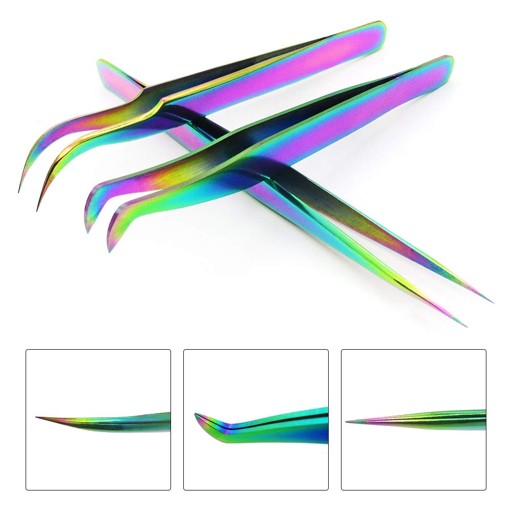 Volume Eyelash Extensions Tweezers Set 5 PCS,Stainless Steel Lash Tweezers Curved Precision Tweezers Application