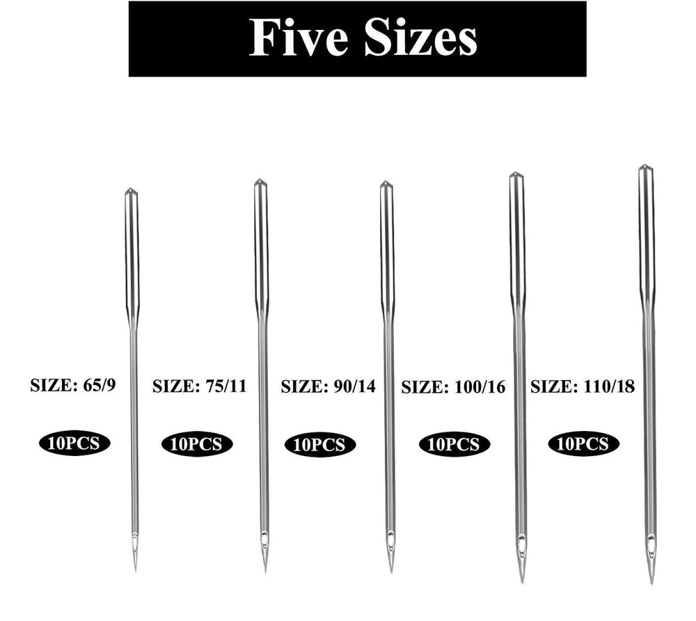 Sewing Machine Needles, 50 Count, Universal Regular Point for Singer, Brother, Janome, Varmax, Sizes HAX1 65/9, 75/11, 90/14, 100/16, 110/18