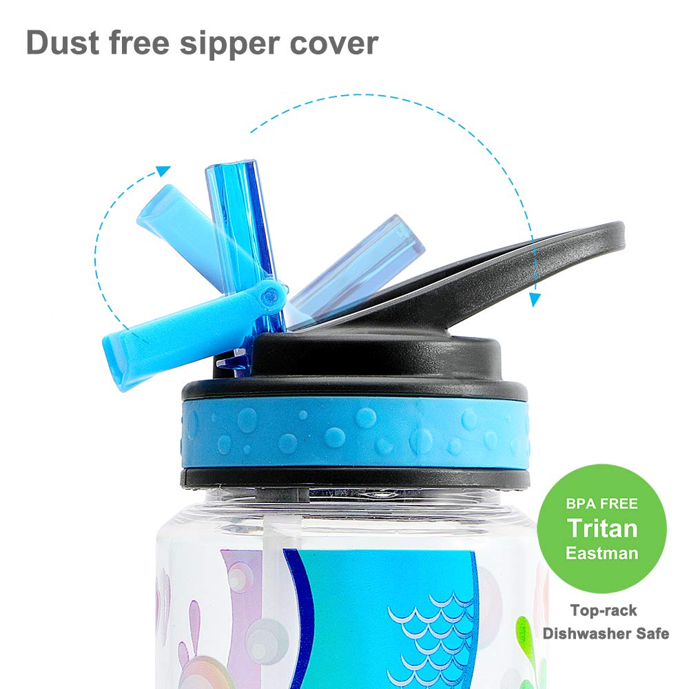 Cute Water Bottle with Straw for School Kids Girls, BPA FREE Tritan & Leak Proof & Easy Clean & Carry Handle, 23oz/ 680ml - Mermaid