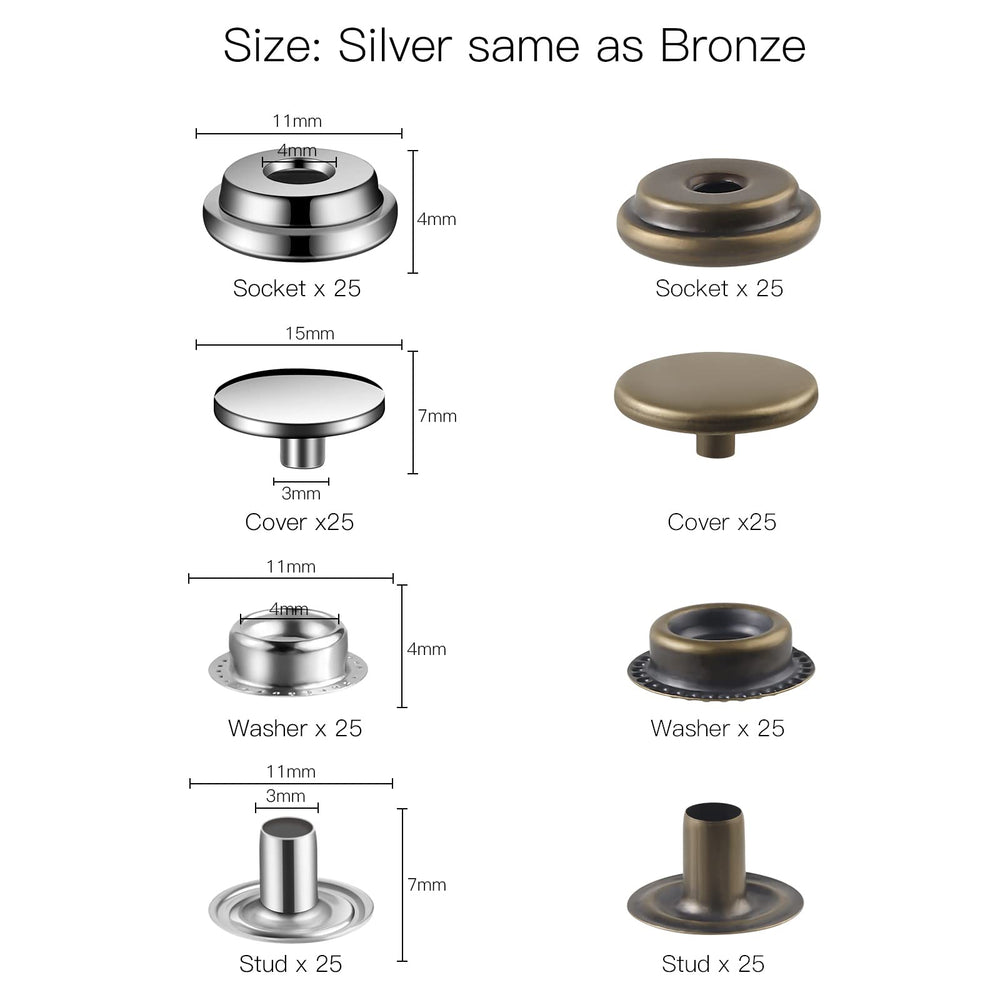 200 Pcs (50 Sets) Leather Snap Fastener Kit Tool 5/8 inches (15mm) Snaps for Leather Press Studs Stainless Snap Buttons for Bag, Jeans, Clothes, Fabric (Silver+Bronze)
