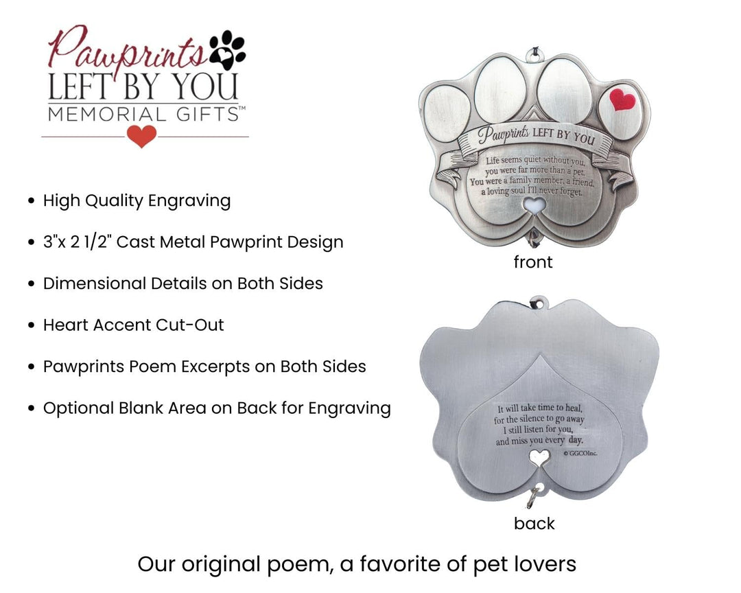Pet Memorial Wind Chime - 18 Metal Casted Pawprint Wind Chime - A Beautiful Remembrance Gift for a Grieving Pet Owner - Includes Pawprints Left by You Poem Card