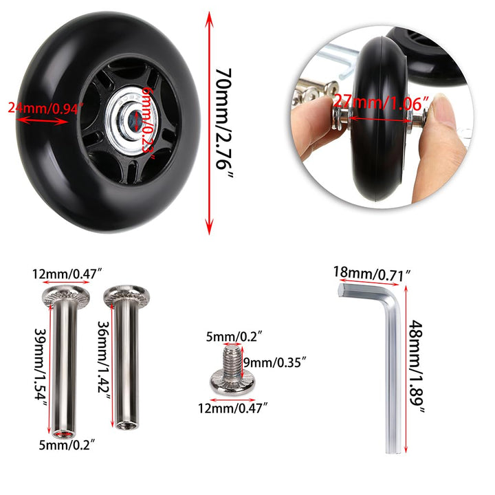 70mm x 24mm Luggage Suitcase Replacement Wheels, Rubber Swivel Caster Wheels Bearings Repair Kits, A Set of 2