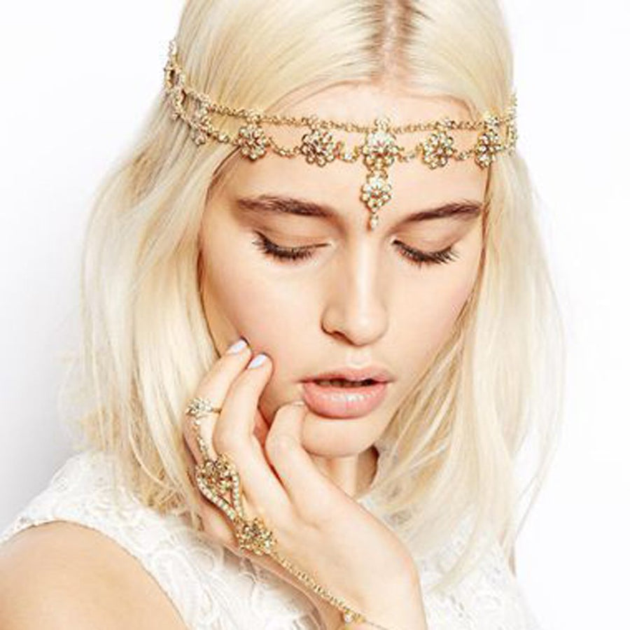 Boho Lace Hollow Out Flower with Freshwater Pearl Pendant Boho Vintage Multi Layer Hand of Fatima Pendant Head Chain Headband Head piece Hair Vine Hoop For Prom Banquet Feast