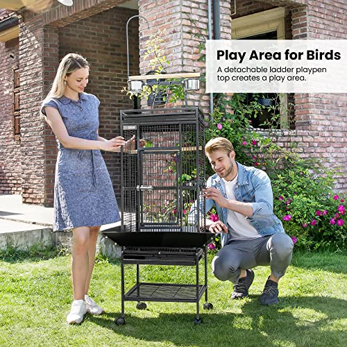 72 Inch Wrought Iron Large Bird Cage with Play Top and Stand for Parrots Lovebird Cockatiel Parakeets Black