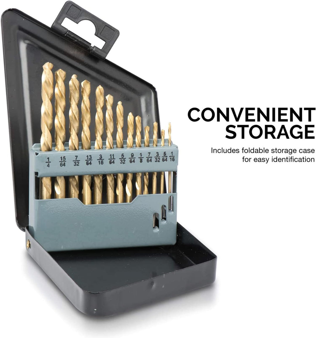10038A Left-Hand Drill-Bit Set, High-Speed Steel Drills with Titanium Nitride Coating, Reverse-Twist Drill Bits, SAE Sizes, 13-Piece Set