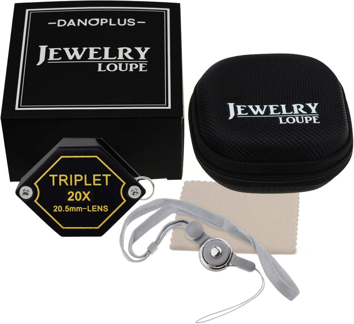 20x Magnifier Jewelry Loupe Triplet Lens 20.5mm Optical Glass Pocket Gem Magnifying Tool for Jeweler, Stamp Philatelist, Coin numismatic, Achromatic Black Hexagonal Design Kit Set