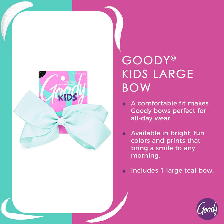 Goody Kids Large Bow Barrette - Teal - Stay Tight Closure Help Keep Hairs In Place - Hair Accessories to Style With Ease and Keep Your Hair Secured - For All Hair Types - Pain Free