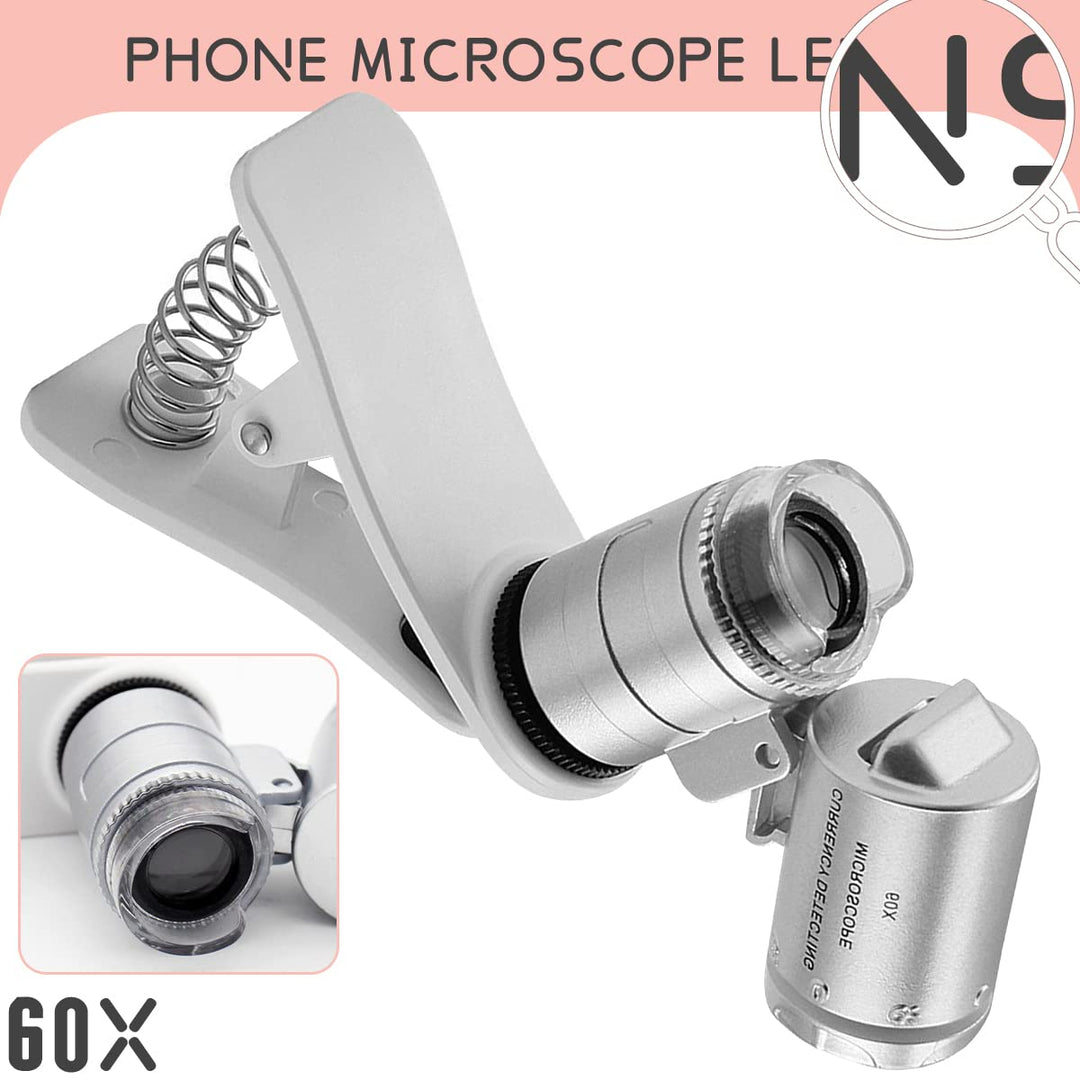 60X Clip-On Microscope Magnifier Lens with LED Lights Jeweler Loupe for iPhone, Samsung and More Mobile Phones (Universal)