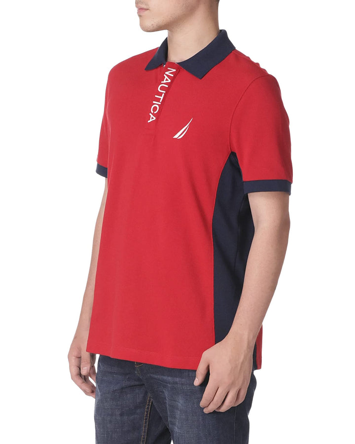Men's Short Sleeve Color Block Performance Pique Polo Shirt, Red, XX-Large