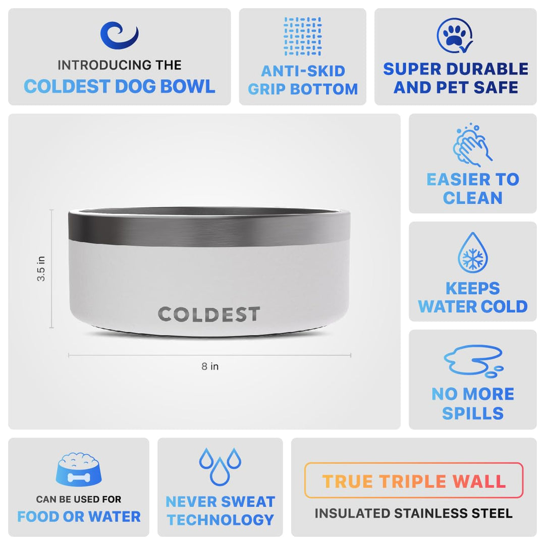 Coldest Dog Bowl - Anti Rust Metal, Non Slip, 3 Layers Insulated Stainless Steel Dog Bowls - Spill Proof & Heavy Duty - Water Bowl for Dogs, Cats & Pets, Dish Washer Safe (64 oz, Epic White)