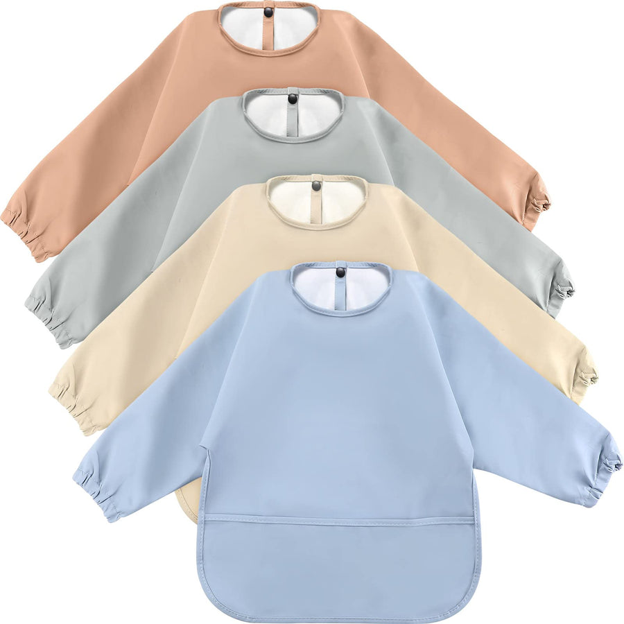4 Pack Long Sleeve Baby Bibs Waterproof Long Sleeved Bib Baby Eating Smock Bib Feeding Shirt Bib with Food Catcher(Soft Color)