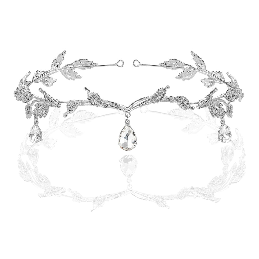 Elegant Rhinestone Leaf Wedding Bridal Bridesmaid Forehead Band Dangle Rhinestone Bridal Tiara Crown with Gift Box , Silver, One size