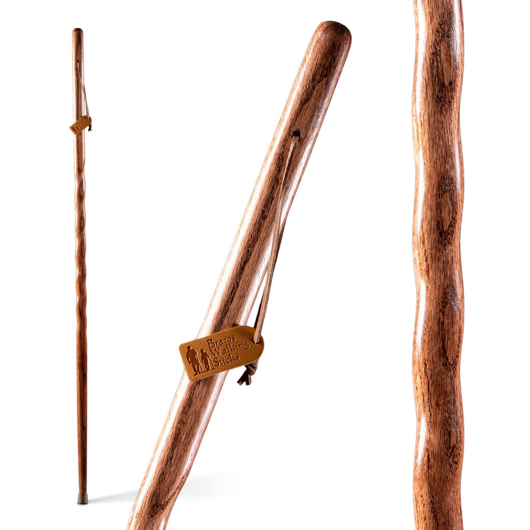 Handcrafted Wood Walking Stick, Twisted Oak, Backpacker Style Handle, for Men & Women, Made in the USA, Red, 58