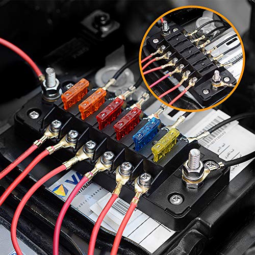 6 Way Fuse Block Blade Fuse Box with Negative Bus, 6 Circuit Fuse Holder Fuse Block w/Negative Bus, Waterproof Protection Cover Sticker Labels for 12V/24V Automotive Car Truck Boat Marine RV