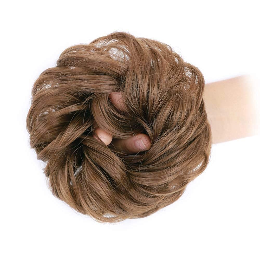 1PCS Messy Hair Bun Hair Scrunchies Extension Curly Wavy Messy Synthetic Chignon for Women (Light Golden Brown 12#)