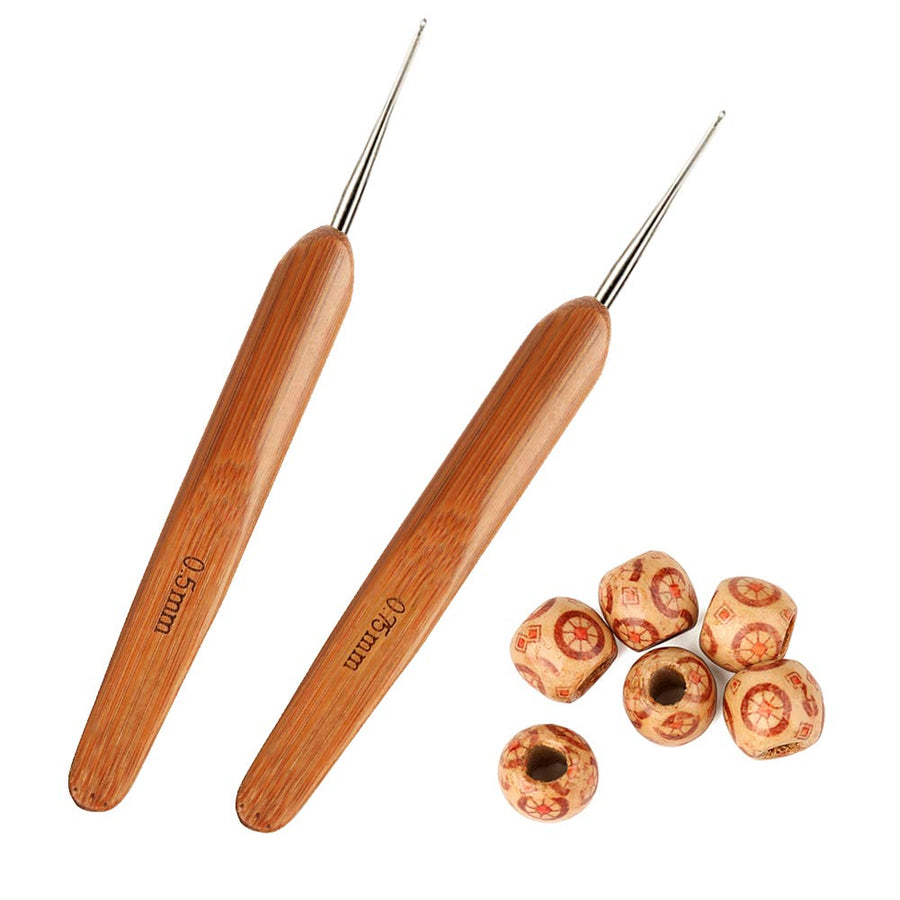 8PCS Dreadlock Crochet Hooks for Hair, Dreadlocks Crochet Needles(0.5mm+0.7mm) with Wood Beads, Dreadlock Needle Tools for Braid Craft, Dreadlock Accessories for Braiding Hair