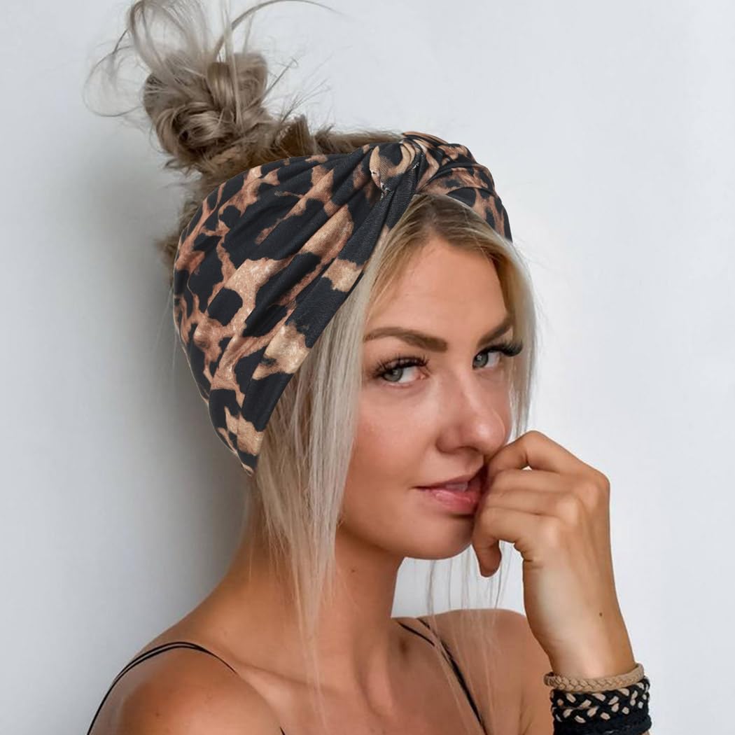 Boho Cross Leopard Headband Wide Elastic Turban Hair Band Yoga Head Wraps for Women and Girls (Pack of 3)