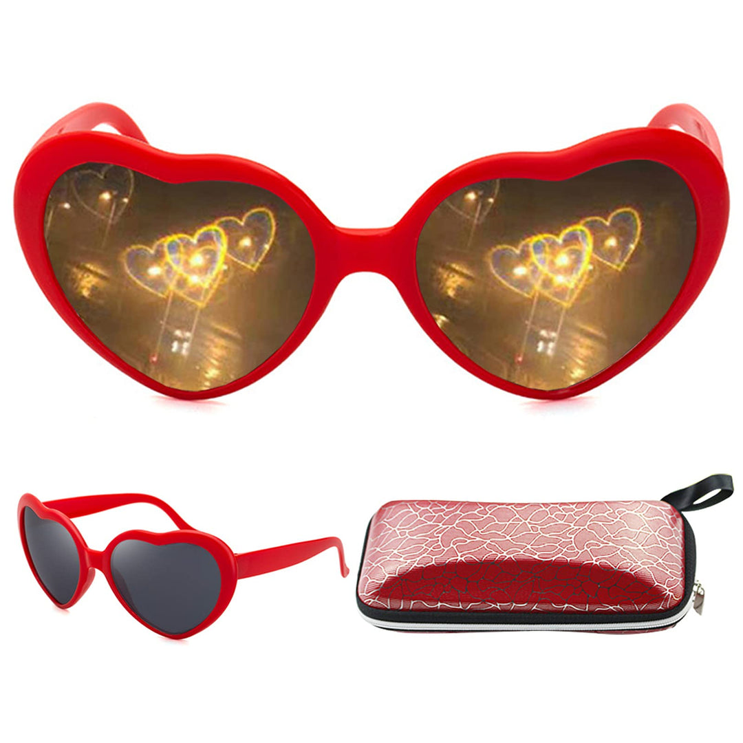 Heart Effect Diffraction Glasses, Women Interesting Peach Heart Special Effects Eyeglasses (Red, one size)