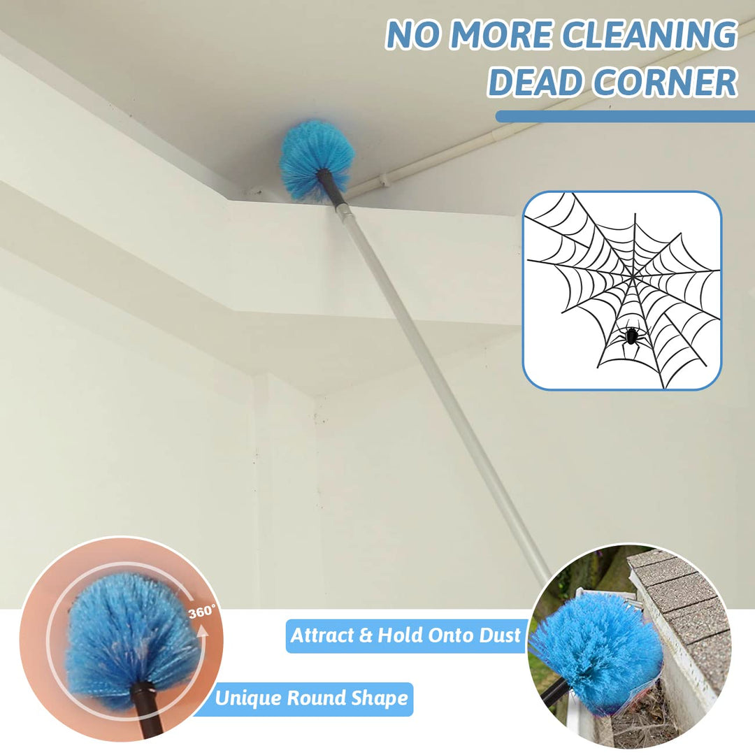 20 Foot Cobweb Duster with Extension Pole 2 PCS, Webster Cobweb Duster for High Ceilings/Corners, Spider Web Brush with Pole for Outdoor & Indoor Web Cleaning, Outdoor Cobweb Brush Kit