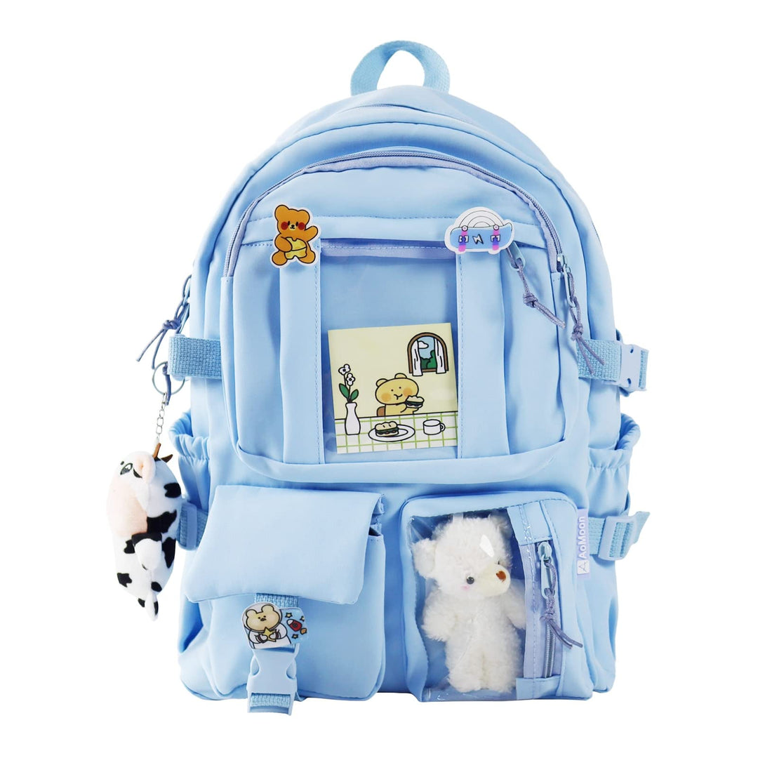Kawaii Backpack Lovely Pastel Rucksack for Teen Girls Aesthetic Student Bookbags with Kawaii Pin and Cute Accessories (Light Blue-C)