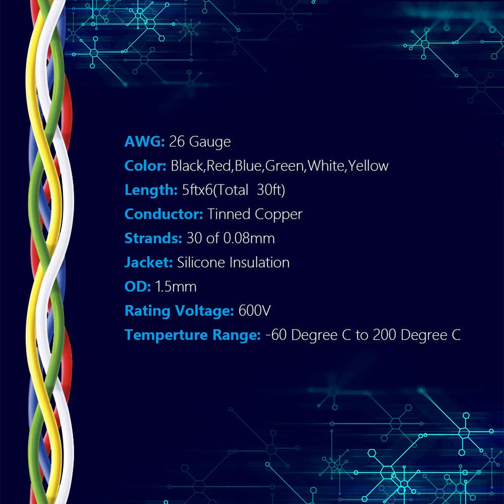 26 AWG Stranded Wire Spool 5ft Each 6 Colors Flexible 26 Gauge Silicone Hook up Wire Kit Electrical Tinned Copper Wire